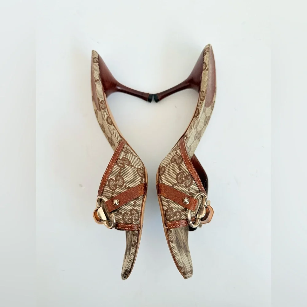 Gucci Brown Leather trim GG Supreme Canvas Bamboo Horsebit mule heels 9 - Picture 4 of 7